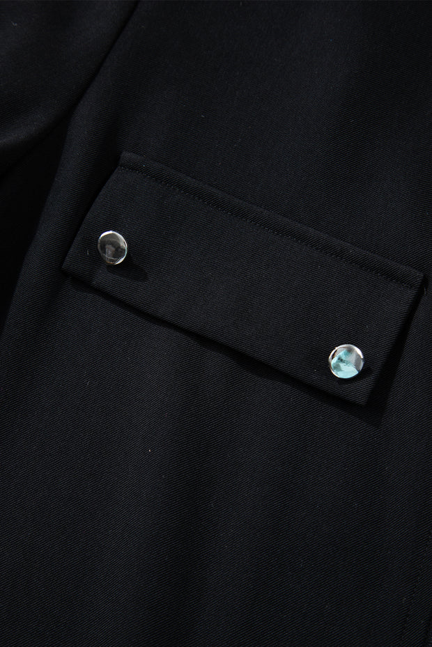 Black Collar Tab Sleeve Zip Up Flap Detail Jacket