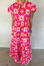 Strawberry Pink Geo Print V-neck Maxi Dress