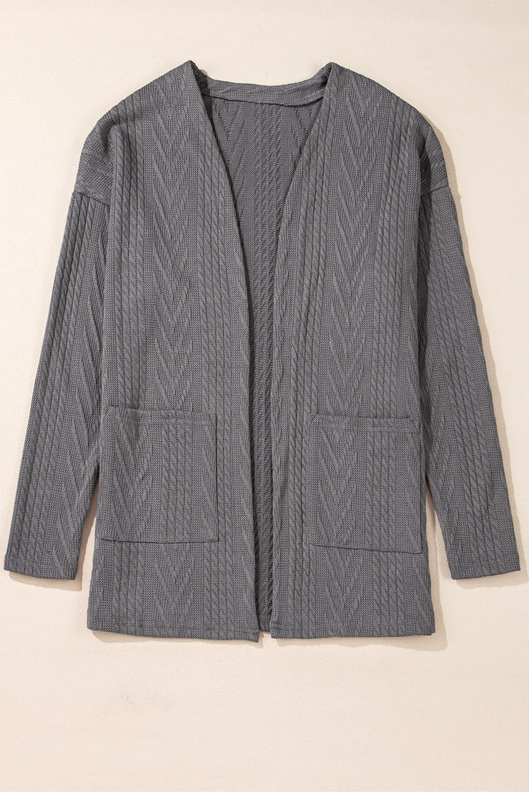 Medium Grey Solid Textured Open Front Cardigan with Pocket