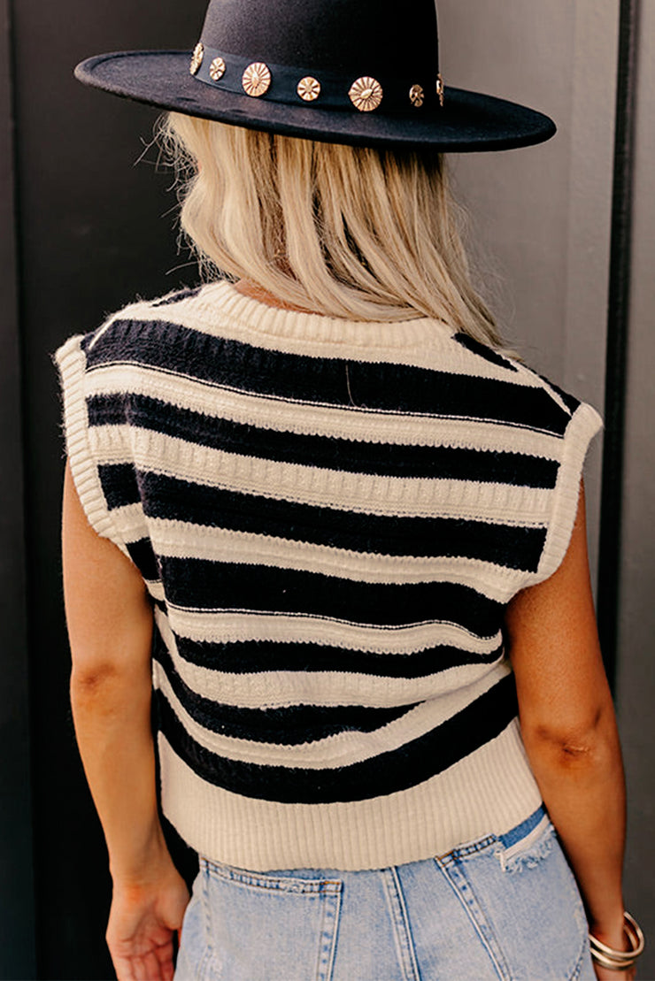 Black Stripe Ribbed Trim Knitted Sweater Vest