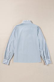 Sky Blue Stripe Frilled Trim Button Up Long Sleeve Shirt