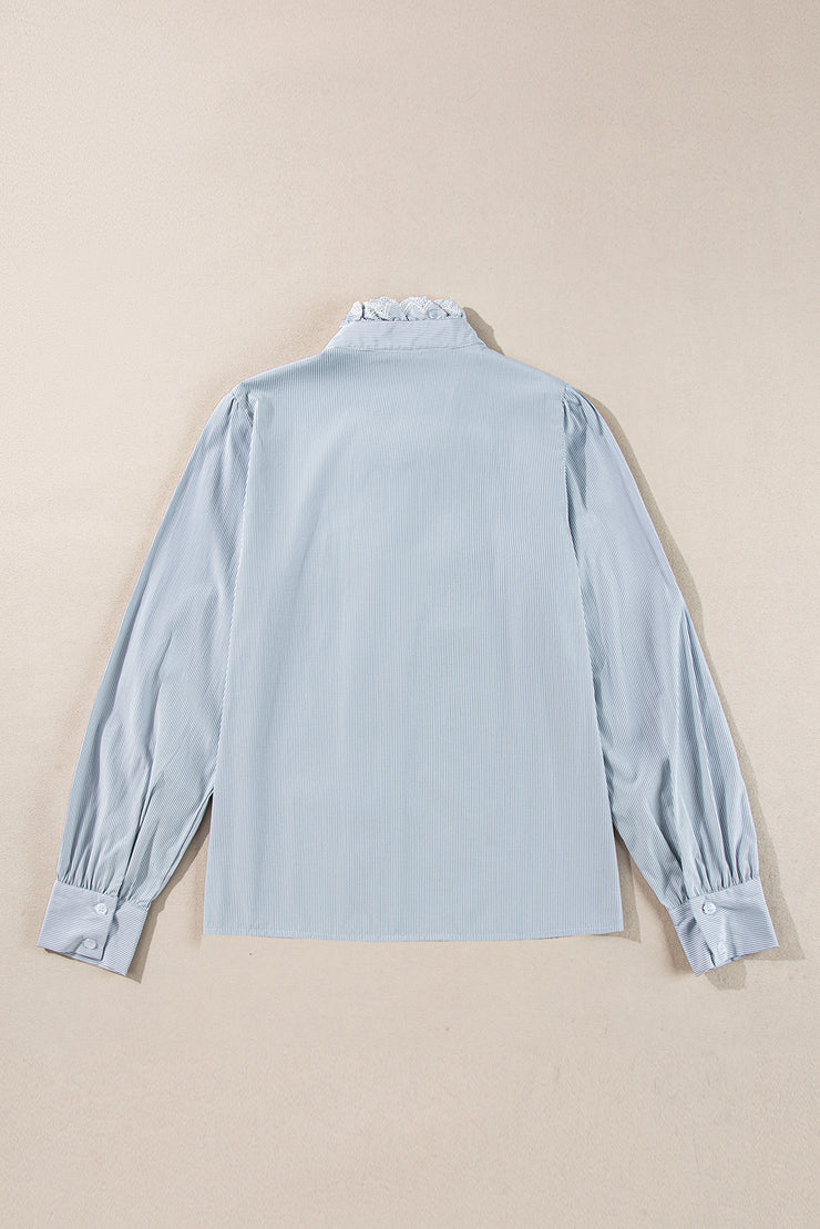 Sky Blue Stripe Frilled Trim Button Up Long Sleeve Shirt