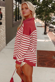 Red Stripe Buttoned V Neck Collared Drop Shoulder Top