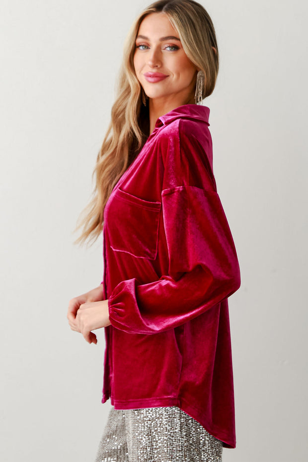 Pitaya Pink Buttoned V Neck Chest Pocket Velvet Shirt