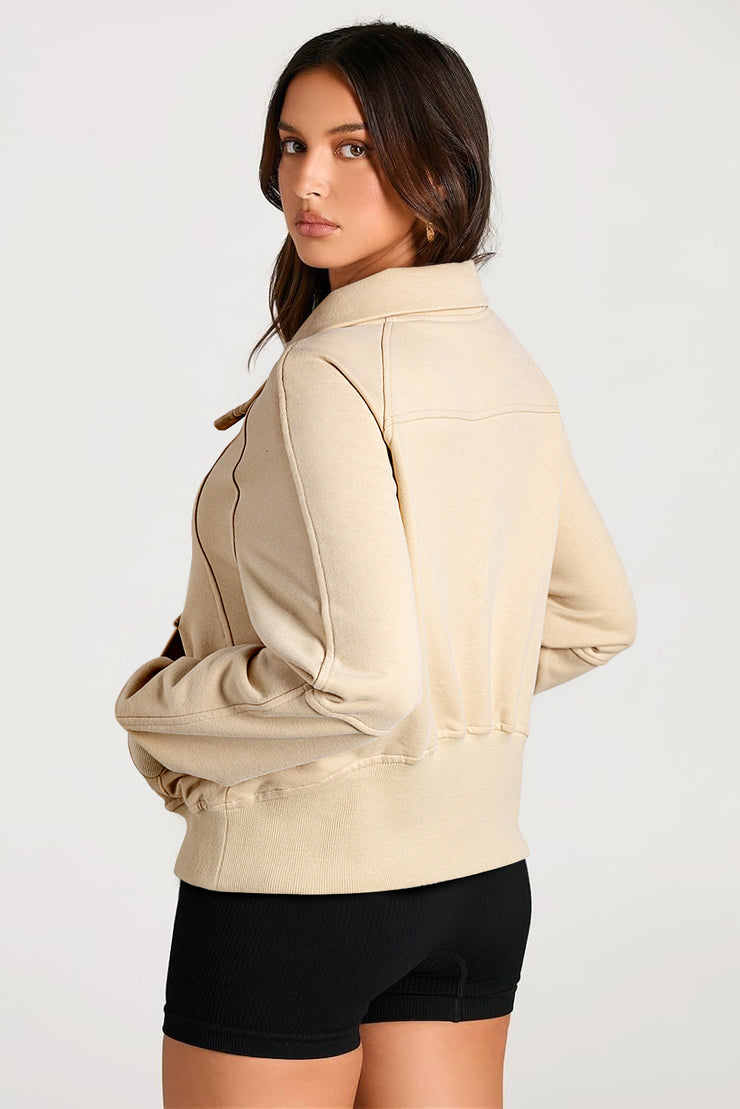 Parchment Quarter Zip Stand Neck Kangaroo Pocket Sweatshirt