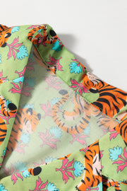 Green Tiger Floral Printed Collared V Neck Casual Shirt