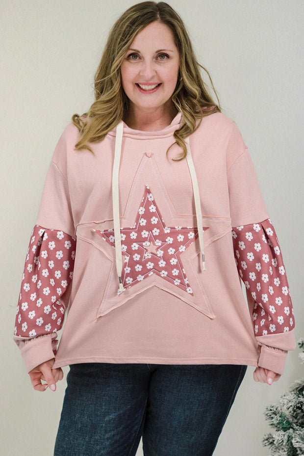 Delicacy Star Patch Graphic Floral Color Block Drawstring Plus Size Hoodie