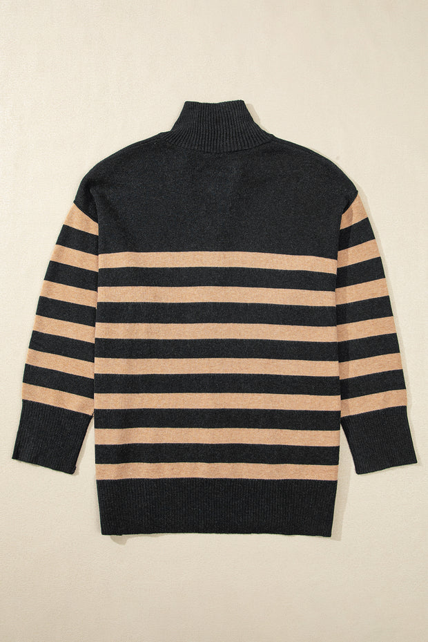 Black Stripe Collared Quarter Zipper Oversized Sweater