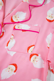 Pink Christmas Santa Claus Print Satin Shirt and Shorts Set