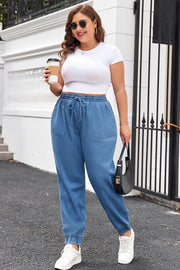 Dusk Blue Drawstring Waist Pocketed Plus Size Denim Joggers