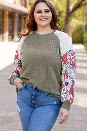 Vineyard Green Plus Size Textured Floral Patchwork Raglan Sleeve Blouse