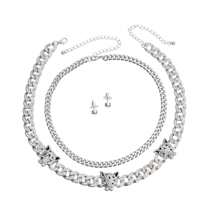 Silver Iced Cuban Leopard Chain Set