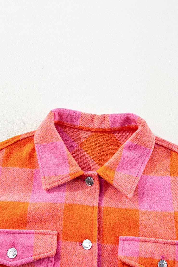 Orange Plaid Chest Pockets Button-up Turn Down Collar Jacket