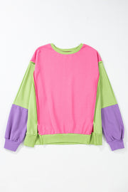 Pink Colorblock Exposed Seam Crewneck Casual Sweatshirt