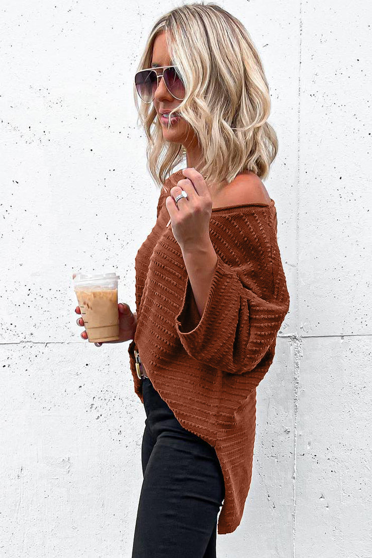 Brown Textured Knit Drop Shoulder Tee