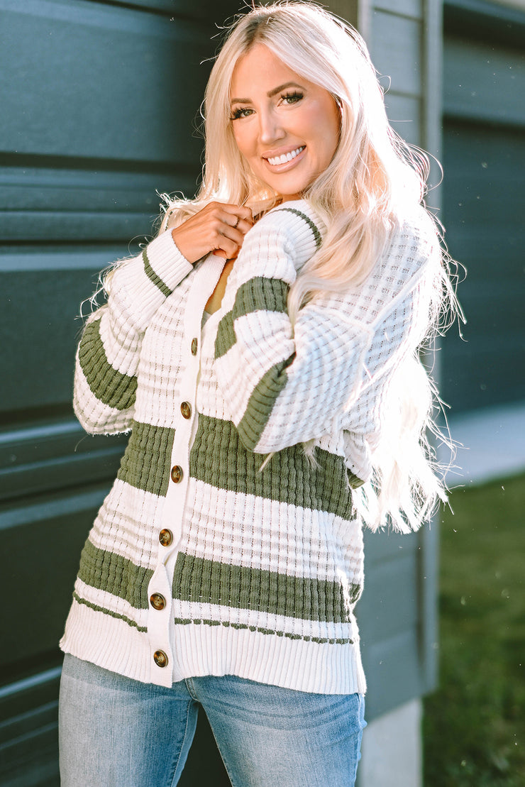 Green Colorblock Textured Knit Buttoned Cardigan