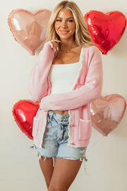 Pink Ribbed Knit Scalloped Edge Side Pockets Buttoned Cardigan