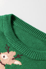 Dark Green Christmas Reindeer Pattern Drop Shoulder Sweater