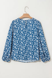 Blue Ditsy Floral Print Lantern Sleeve Blouse