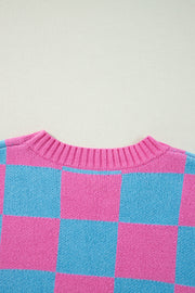 Sachet Pink Colorblock Plaid Pattern Ribbed Trim Sweater Tank Top