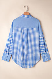 Sky Blue Stripe Plaid Patchwork Button up Long Sleeve Shirt