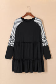 Black Plus Size Striped Leopard Patch Sleeve Ruffle Tiered Dress