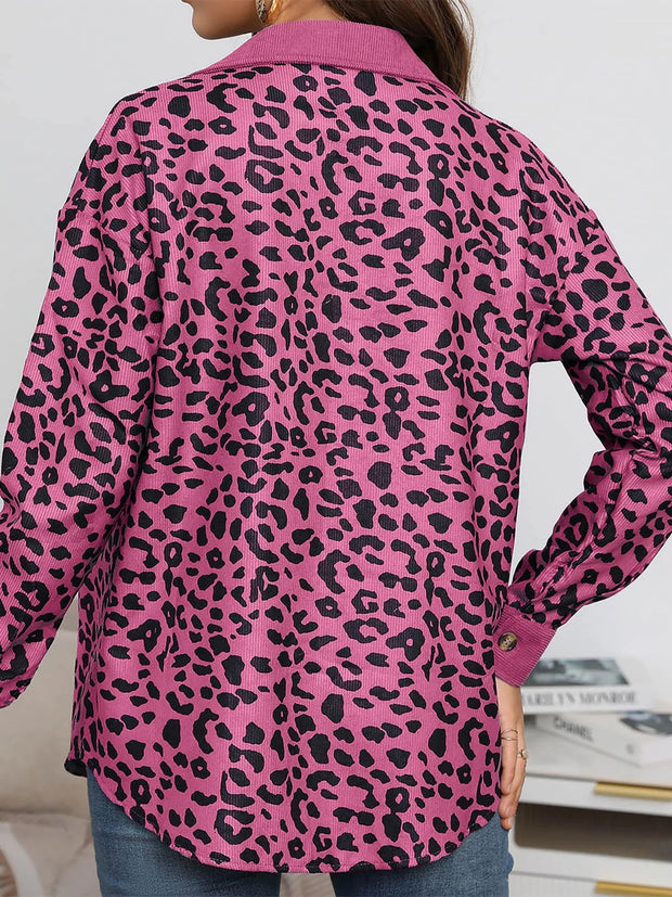 Full Size Leopard Collared Neck Button Up Long Sleeve Jacket