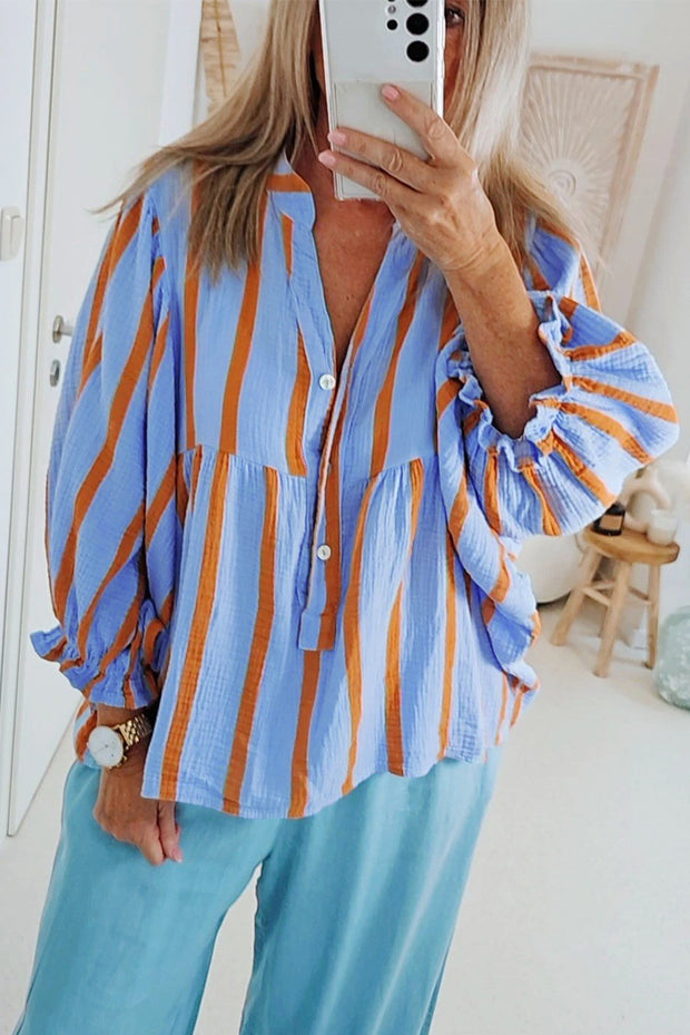 Sky Blue Stripe Crinckled Ruffled Sleeve Button up Loose Shirt