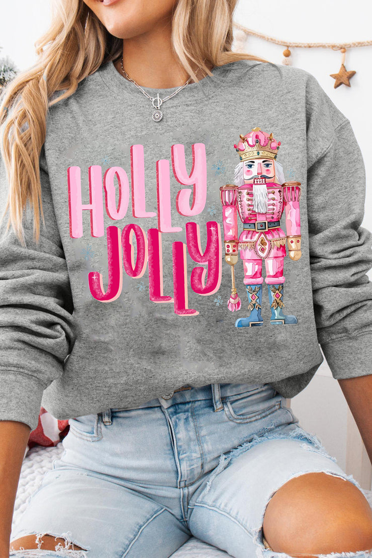 Gray HOLLY JOLLY Nutcracker Print Crew Neck Christmas Sweatshirt