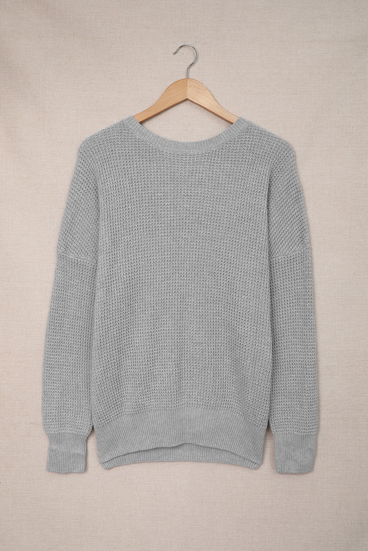 Gray Cross Back Hollow-out Sweater