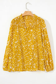 Yellow Plus Size Floral Print Ruched Split Neck Blouse