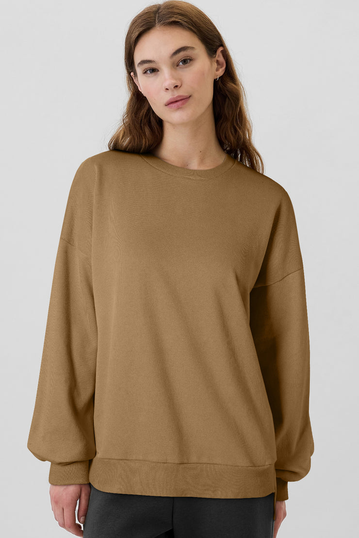 Camel Solid Fleece Lined Drop Shoulder High Low Sweatshirt