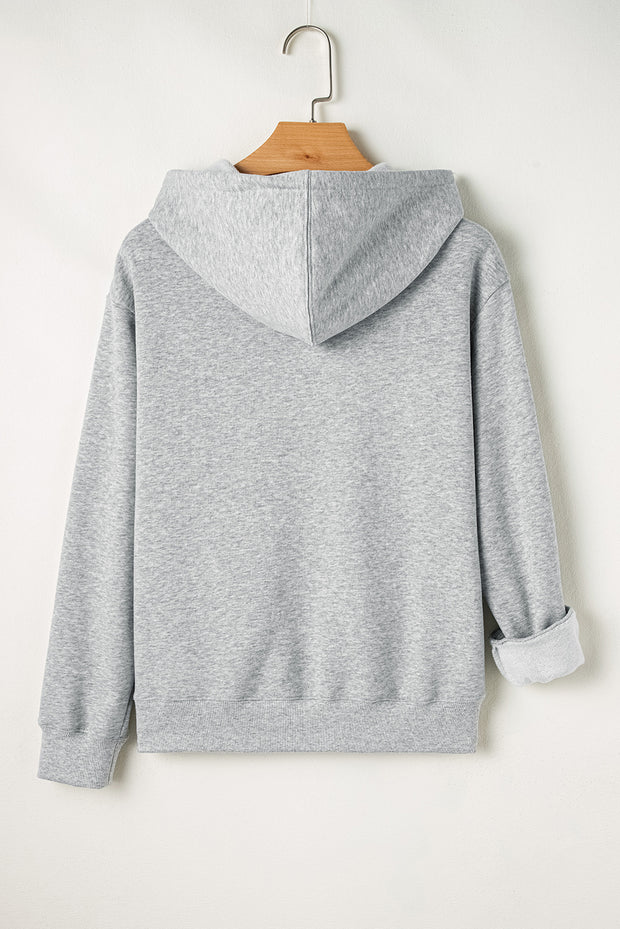 Light Grey Solid Color Fleece Lined Drawstring Hoodie with Pocket