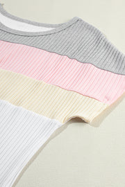 White Ribbed Color Block Patchwork T-shirt