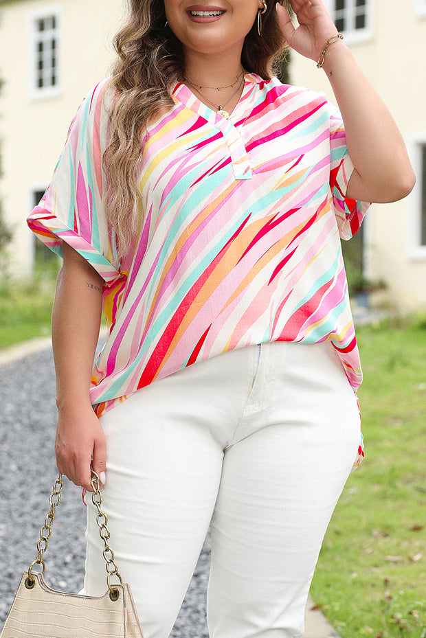 White Abstract Print Short Sleeve Notched Neck Plus Size Top