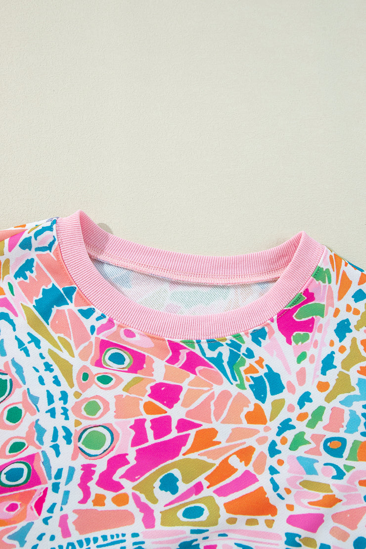 Pink Abstract Printed Drop Shoulder Loose Sweatshirt