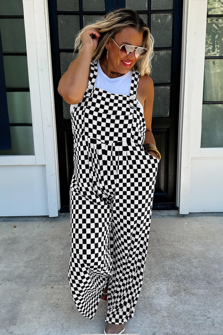 Black Checkered Print Pocketed Wide Leg Jumpsuit