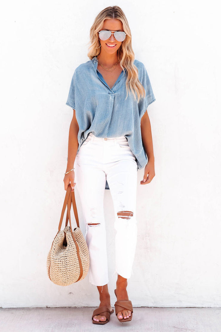 Sky Blue Split V Neck Oversized Denim Blouse