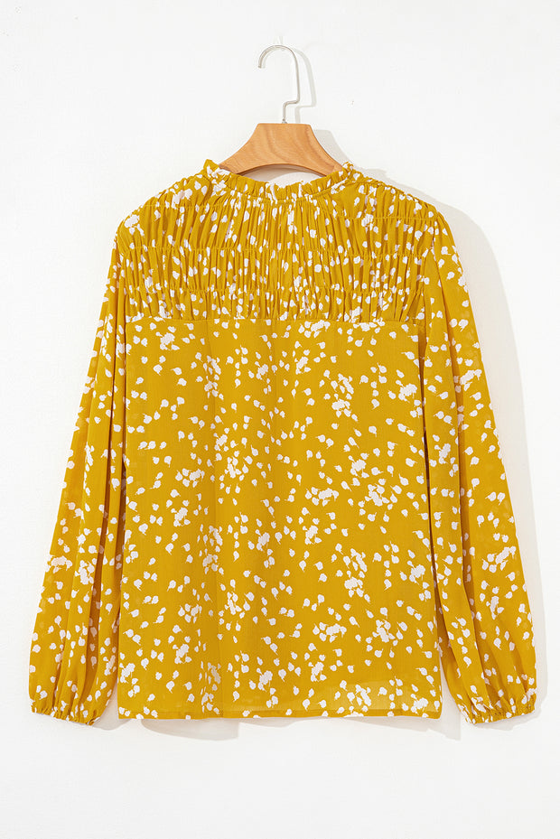 Yellow Plus Size Floral Print Ruched Split Neck Blouse