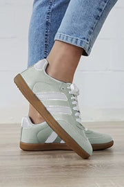 White Striped Lace Up Flat Sneakers