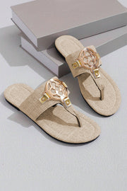 Beige Vintage Metal Decor Leather Thong Slides Shoes