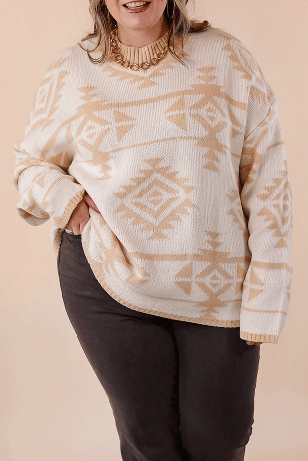 Apricot Plus Size Western Aztec Print Loose Sweater