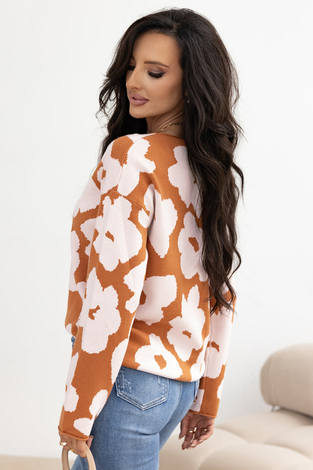 Brown Floral Pattern Crew Neck Long Sleeve Loose Sweater