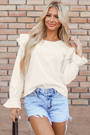 Beige Ruffled Flounce Sleeve Corduroy Blouse