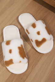 Coffee Fuzzy Cow Spots Open Toe Winter Home Slippers