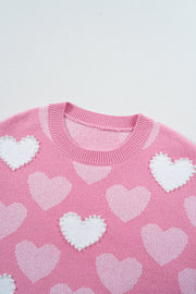 Pink Pearled Heart Print Valentines Crew Neck Sweater