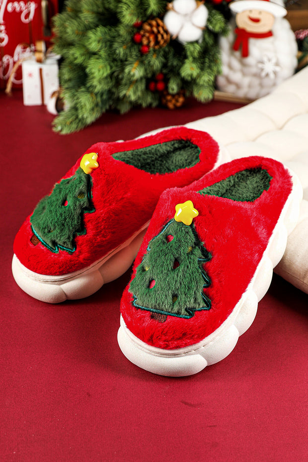 Fiery Red Christmas Tree Graphic Plush Slippers