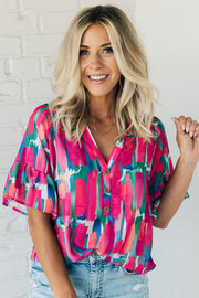 Rose Abstract Brushwork Print Buttoned V Neck Blouse