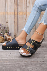 Chestnut Dual Buckle Studded Vintage Platform Slides Shoes