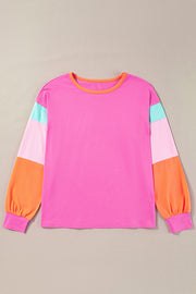 Rose Red Colorblock Patchwork Long Sleeve Loose Top